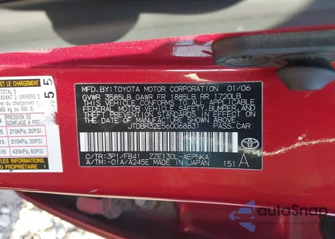 2006 Toyota Corolla Ce/Le from USA, damaged, VIN JTDBR32E560068831